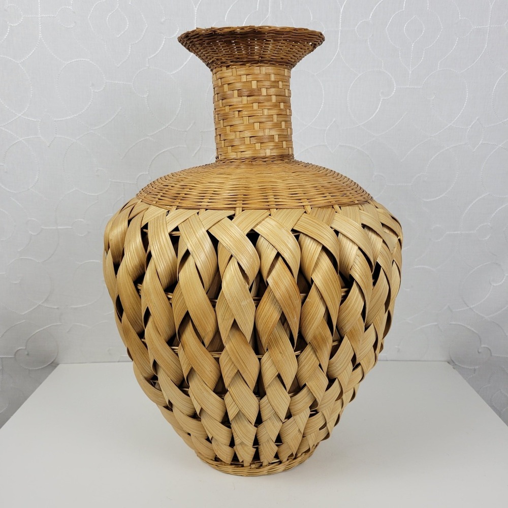 Vintage Woven Palm Vase Basket 17.5" Brown Modern Boho Indoor Outdoor Decor
